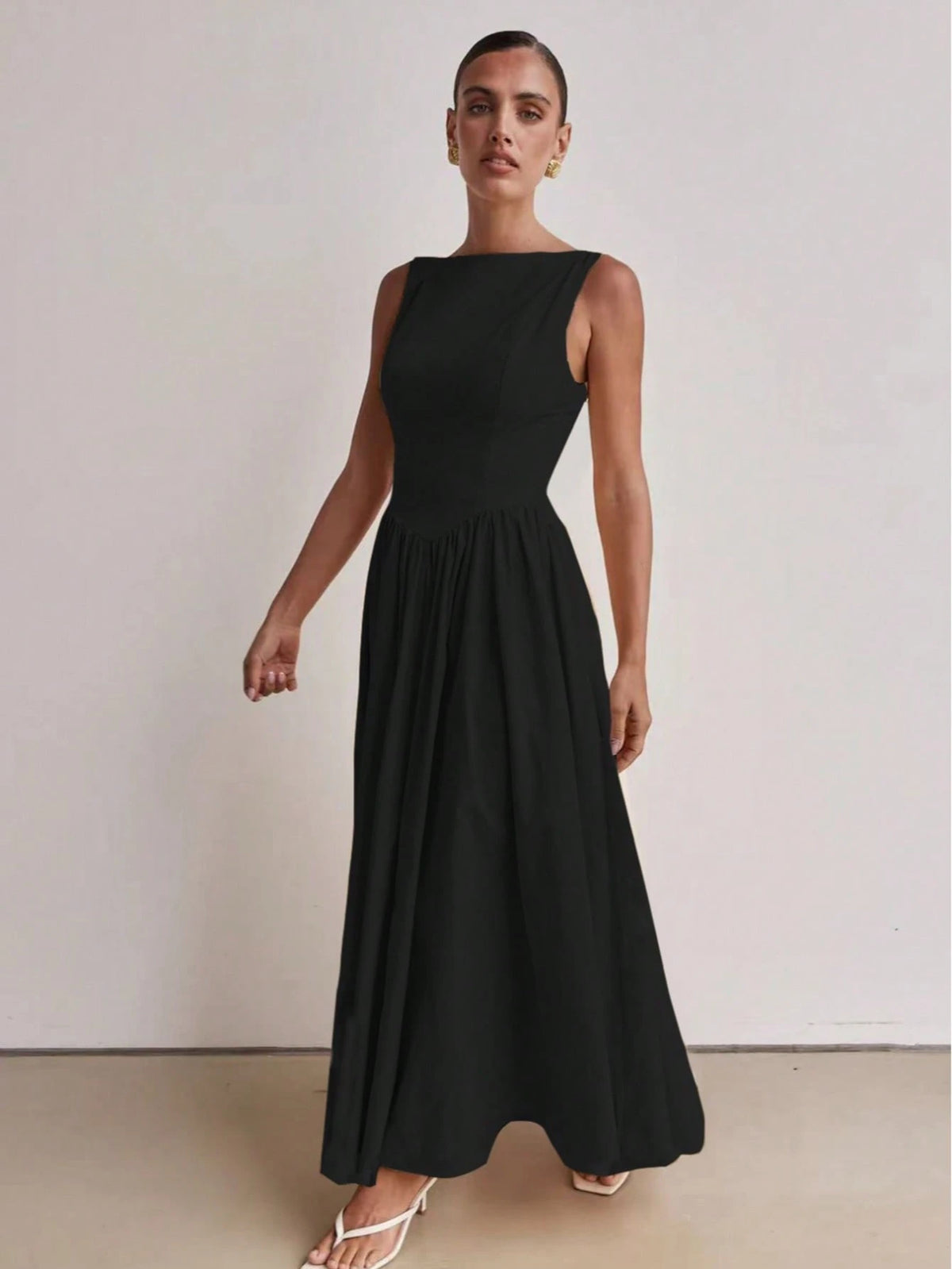 Vestido Longo Feminino Slim com Costas Nuas – Decote Redondo, Sofisticado e Confortável 