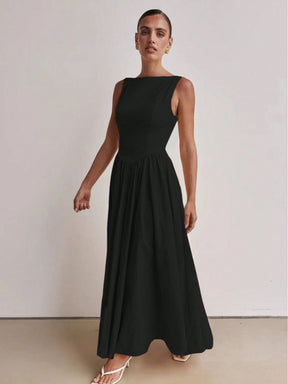 Vestido Longo Feminino Slim com Costas Nuas – Decote Redondo, Sofisticado e Confortável 