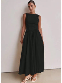 Vestido Longo Feminino Slim com Costas Nuas – Decote Redondo, Sofisticado e Confortável 