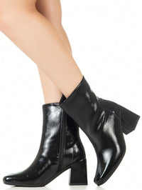 GiGiL Bota Feminina GiGiL Bico Quadrado Salto Bloco Médio Cano Curto Verniz Casual Clássica Elegante Confortável