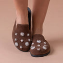 Clog Sapato Feminino Mule Babuche Camurça Com Detalhes Prata Estilo Conforto Elegância Anatômico Sandália