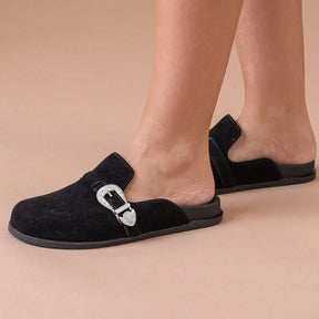 Clog Feminino Sapato Mule Babuche Camurça Com Fivela Estilo e Conforto para o Dia a Dia Elegância Anatômico