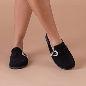 Clog Feminino Sapato Mule Babuche Camurça Com Fivela Estilo e Conforto para o Dia a Dia Elegância Anatômico