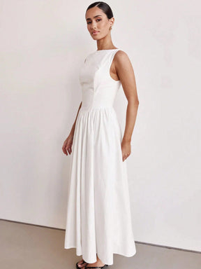 Vestido Longo Feminino Slim com Costas Nuas – Decote Redondo, Sofisticado e Confortável 