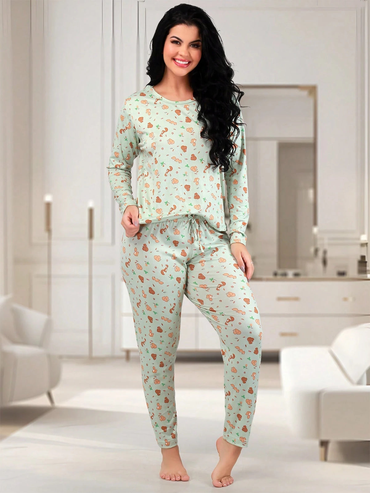 Pijama Feminino de Suede Estampado Inverno | Calça e Blusa de Manga Longa Confortável