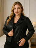 Jaqueta Feminina Plus Size em Courinho/Couro Sintético Casual elegante Zíper Botões na frente