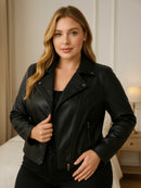 Jaqueta Feminina Plus Size em Courinho/Couro Sintético Casual elegante Zíper Botões na frente