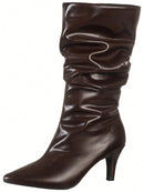Bota Feminina Cano Médio Enrugado Slouchy Plissado Salto Fino Alto e Bico Fino