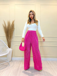 IN FASHION Calça feminina plissado Pantalona plissado Calça Feminina Novo