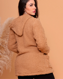 Casaco teddy feminino Comprido com Capuz e Bolso
