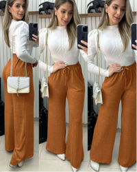 Calça Pantalona feminina de Tecido Lazinho Cintura Alta com Bolso