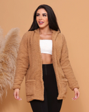 Casaco teddy feminino Comprido com Capuz e Bolso
