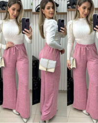 Calça Pantalona feminina de Tecido Lazinho Cintura Alta com Bolso
