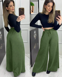 Calça Pantalona feminina de Tecido Lazinho Cintura Alta com Bolso