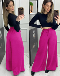 Calça Pantalona feminina de Tecido Lazinho Cintura Alta com Bolso