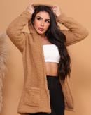Casaco teddy feminino Comprido com Capuz e Bolso