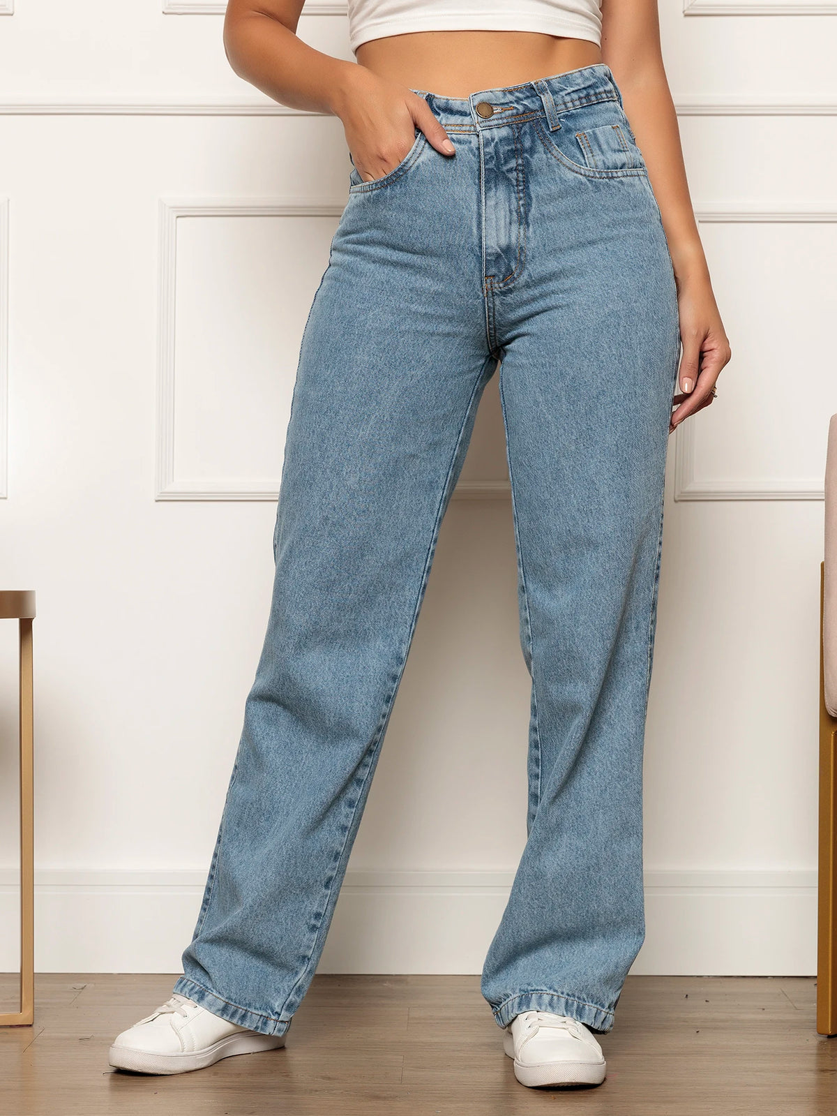 Calça Jeans Feminina Cintura Alta Wide Leg – Tecido 100% Jeans e Caimento Perfeito