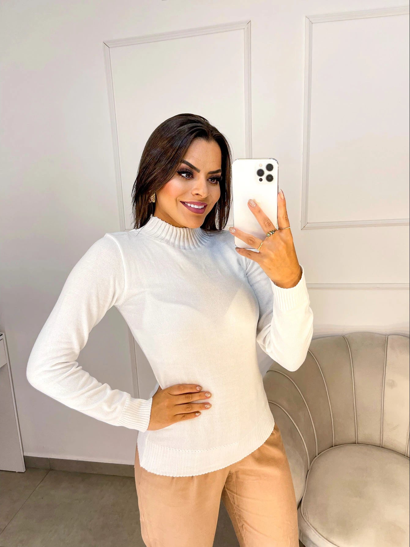 Vendedor Indicadotricot linha gola caneladinho lastano feminina blusa manga longa basica