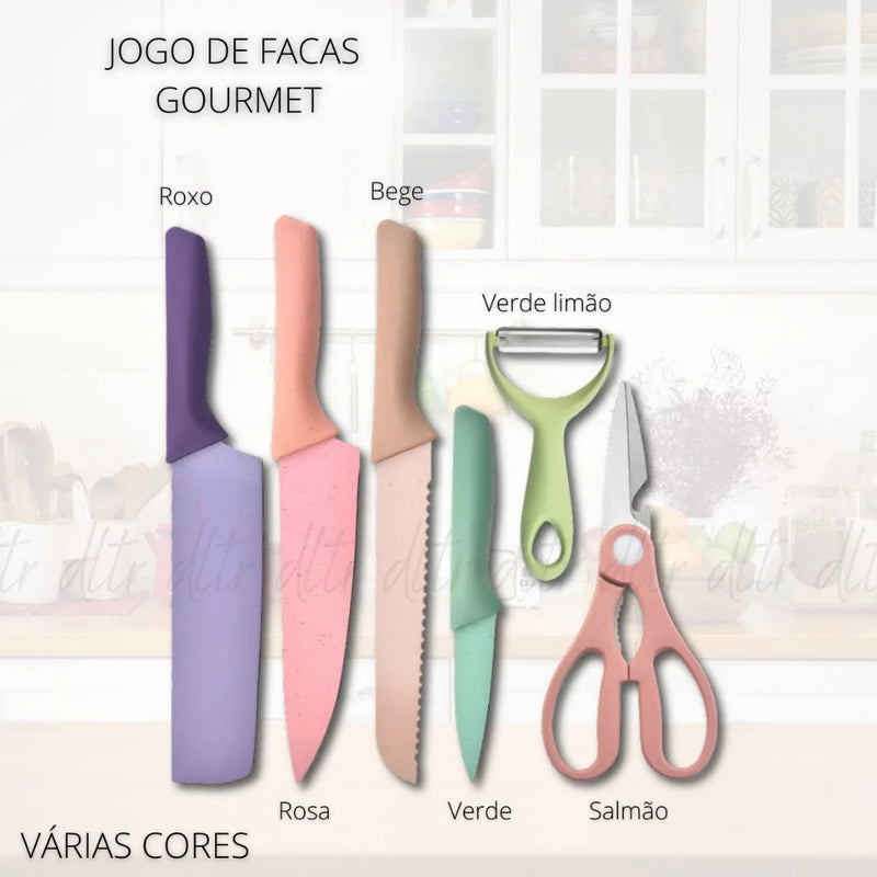 Conjunto Facas Profissional em Aço Inoxidável Colorido com 6 Peças para Churrasco e Cozinha