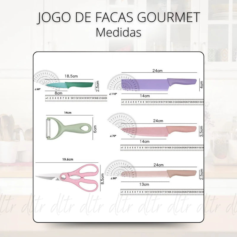 Conjunto Facas Profissional em Aço Inoxidável Colorido com 6 Peças para Churrasco e Cozinha