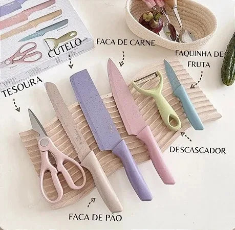 Conjunto Facas Profissional em Aço Inoxidável Colorido com 6 Peças para Churrasco e Cozinha