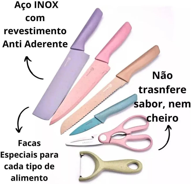 Conjunto Facas Profissional em Aço Inoxidável Colorido com 6 Peças para Churrasco e Cozinha