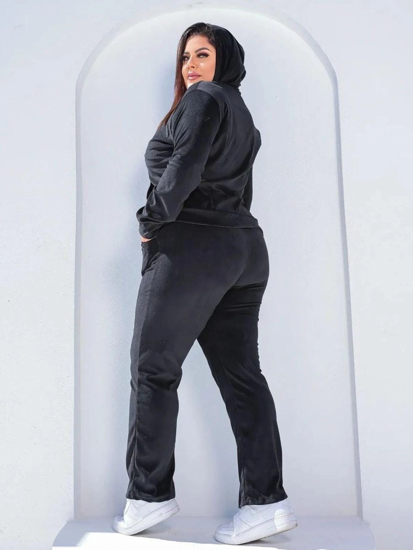 Conjunto Feminino Plus Size Plush Capuz Inverno Agasalho Calça