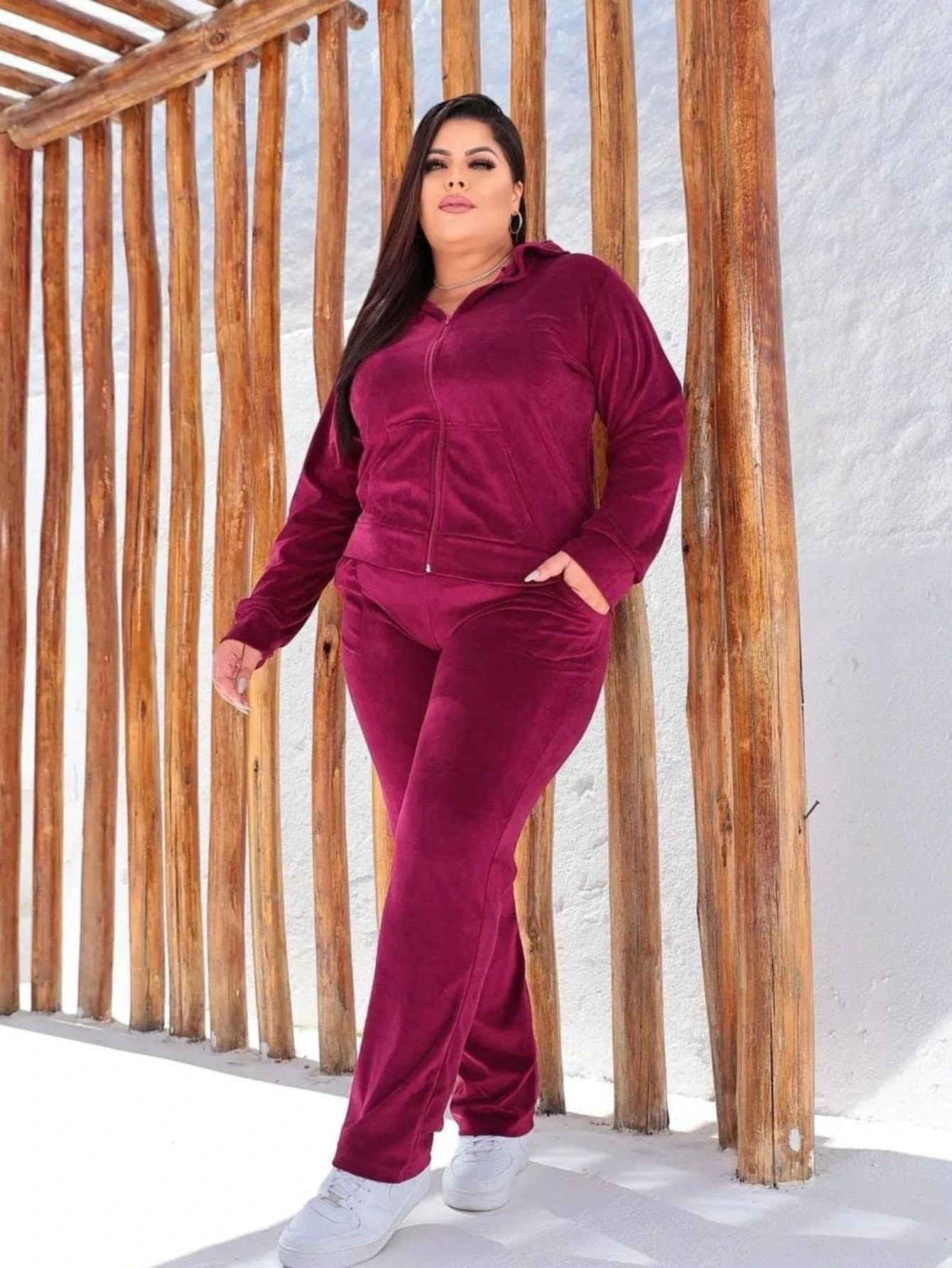 Conjunto Feminino Plus Size Plush Capuz Inverno Agasalho Calça