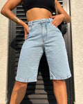 Bermuda Feminina Jeans Ate o Joelho Cintura Alta Casual