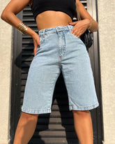 Bermuda Feminina Jeans Ate o Joelho Cintura Alta Casual