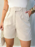 Bermuda Feminina de Linho Cintura Alta com Bolsos Areia