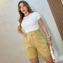 Bermuda Feminina de Linho Cintura Alta com Bolsos Caqui