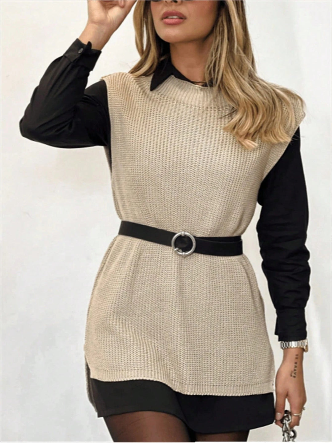 Blusa Colete Feminino em Tricot Sem Manga Bege 