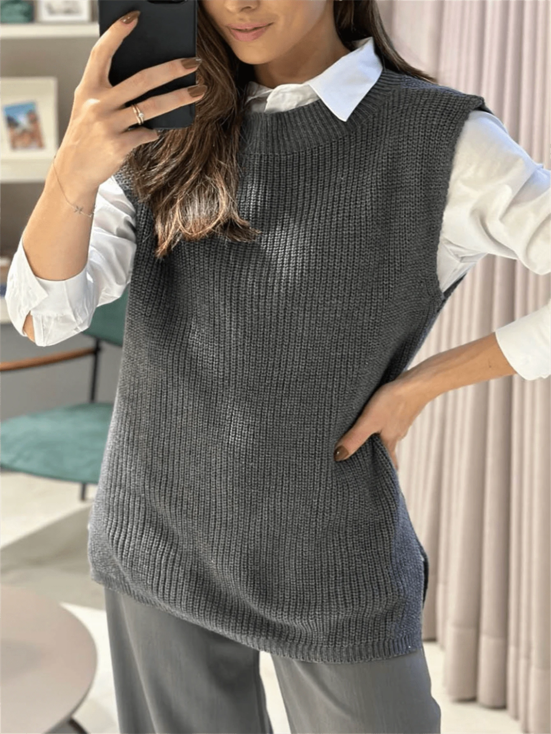Blusa Colete Feminino em Tricot Sem Manga Cinza