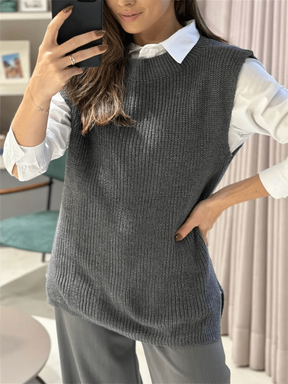 Blusa Colete Feminino em Tricot Sem Manga Cinza