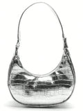 Bolsa Feminina Meia Lua Tote de Ombro em Croco Verniz Prata