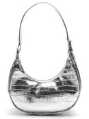 Bolsa Feminina Meia Lua Tote de Ombro em Croco Verniz Prata
