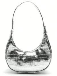 Bolsa Feminina Meia Lua Tote de Ombro em Croco Verniz Prata