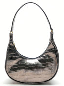 Bolsa Feminina Meia Lua Tote de Ombro em Croco Verniz Prata Velho