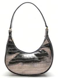 Bolsa Feminina Meia Lua Tote de Ombro em Croco Verniz Prata Velho