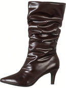 Bota Feminina Cano Médio Enrugado Slouchy Plissado Salto Fino Alto e Bico Fino Café