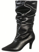 Bota Feminina Cano Médio Enrugado Slouchy Plissado Salto Fino Alto e Bico Fino Preta