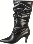 Bota Feminina Cano Médio Enrugado Slouchy Plissado Salto Fino Alto e Bico Fino Preta