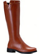 Bota Feminina Montaria Cano Alto Salto Baixo Bico Redondo e Tachas  Caramelo