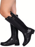 Bota Feminina Montaria Cano Alto Salto Baixo Bico Redondo e Tachas Preta
