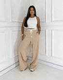 Calça Feminina Pantalona Cós Duplo Alfaiataria Bege