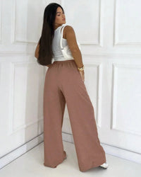 Calça Feminina Pantalona Cós Duplo Alfaiataria Marrom