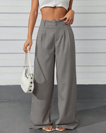 Calça Feminina Pantalona Cintura Alta com Bolsos Cinza