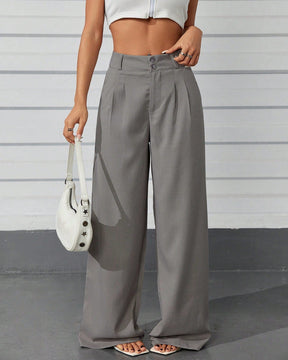 Calça Feminina Pantalona Cintura Alta com Bolsos Cinza
