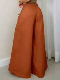 Calça Feminina de Linho Pantalona  com Zíper Lateral e Forro Marrom